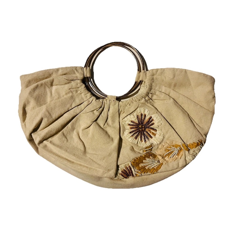 Anthropologie “Sunburst Meadow” Beaded Raffia Large Satchel Double Ring Handle - Picture 3 of 10